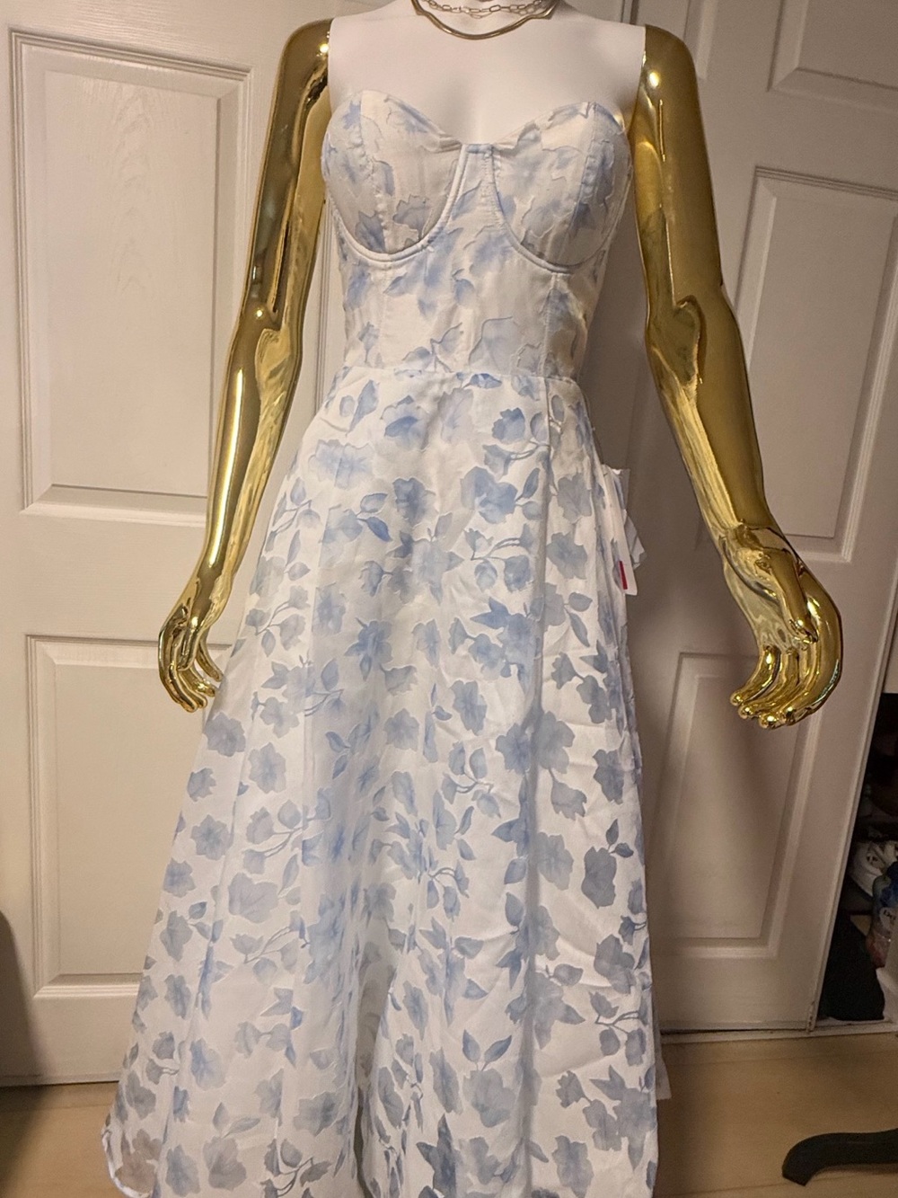 Elvi Strapless White Dress with Light Blue Floral Print